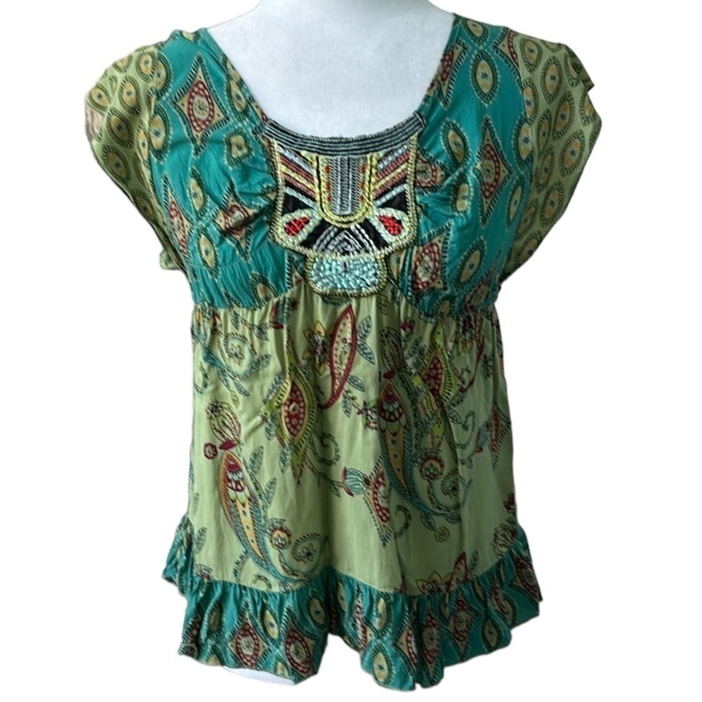 Live and Let Live  Boho Embellished Top Flutter Sleeve Size SP